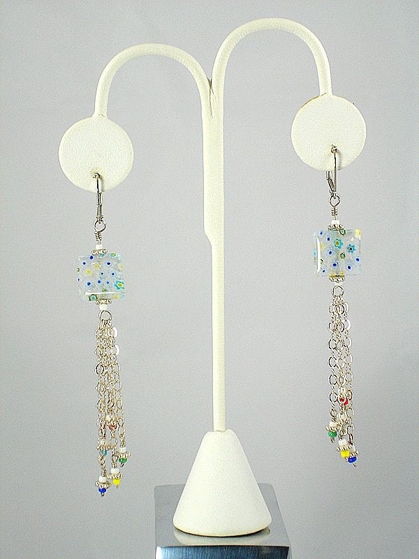 Fiore Bella, handmade, square millefiore glass beads, with sterling silver beaded tassel pierced earrings