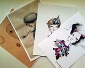 Set of 4 small illustrated postcards/ mini prints