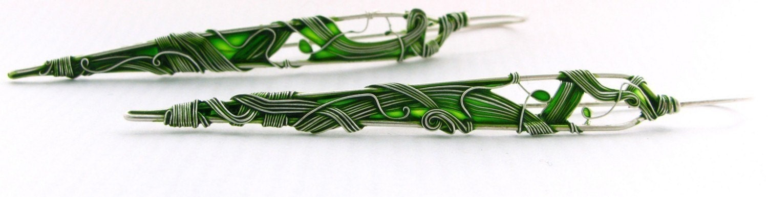 Green Leaf Earrings. Silver Long Leaf Earrings. Emerald Green Earrings. Elegant Earrings. Leaves Green Jewelry. Wire Wrapped Jewelry.