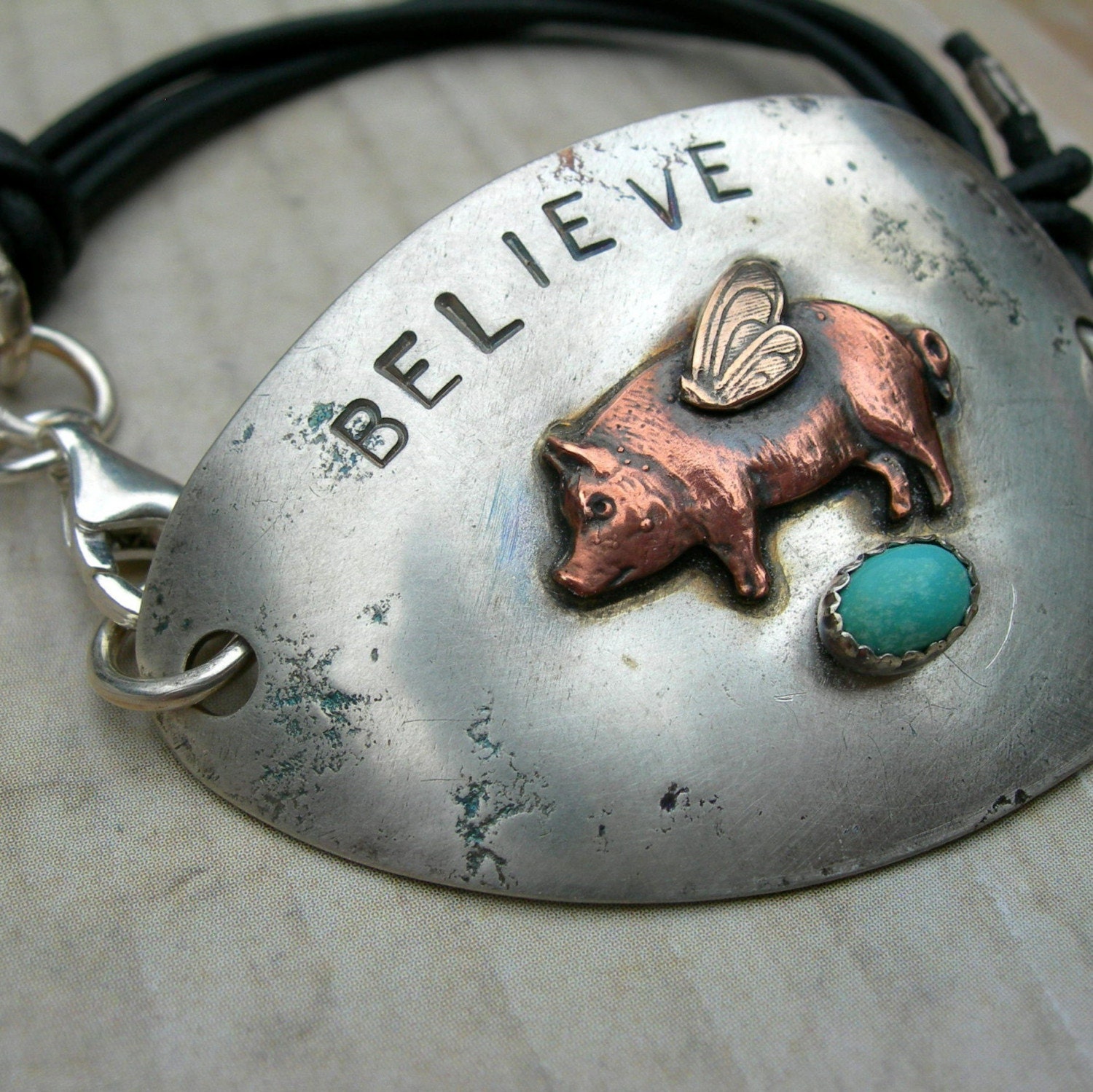 BELIEVE - RECYCLED SPOON Bracelet in Solid  Sterling Silver and Turquoise