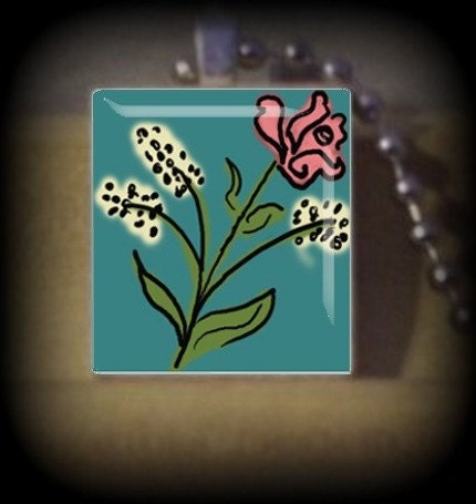 Doodle Flower num 2 (DF 2) Vintage Scrabble Tile Pendant ..Buy 3 Get 1 Free