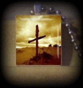 Wooden Cross (M 37) Upcycled Scrabble Tile Pendant ..BUY 3 GET 1 FREE..
