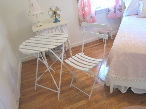 RESERVED THEENGLANDFARMHOUSE - Vintage French Bistro Cafe Style Table and Chair - Shabby Cottage White Farmhouse