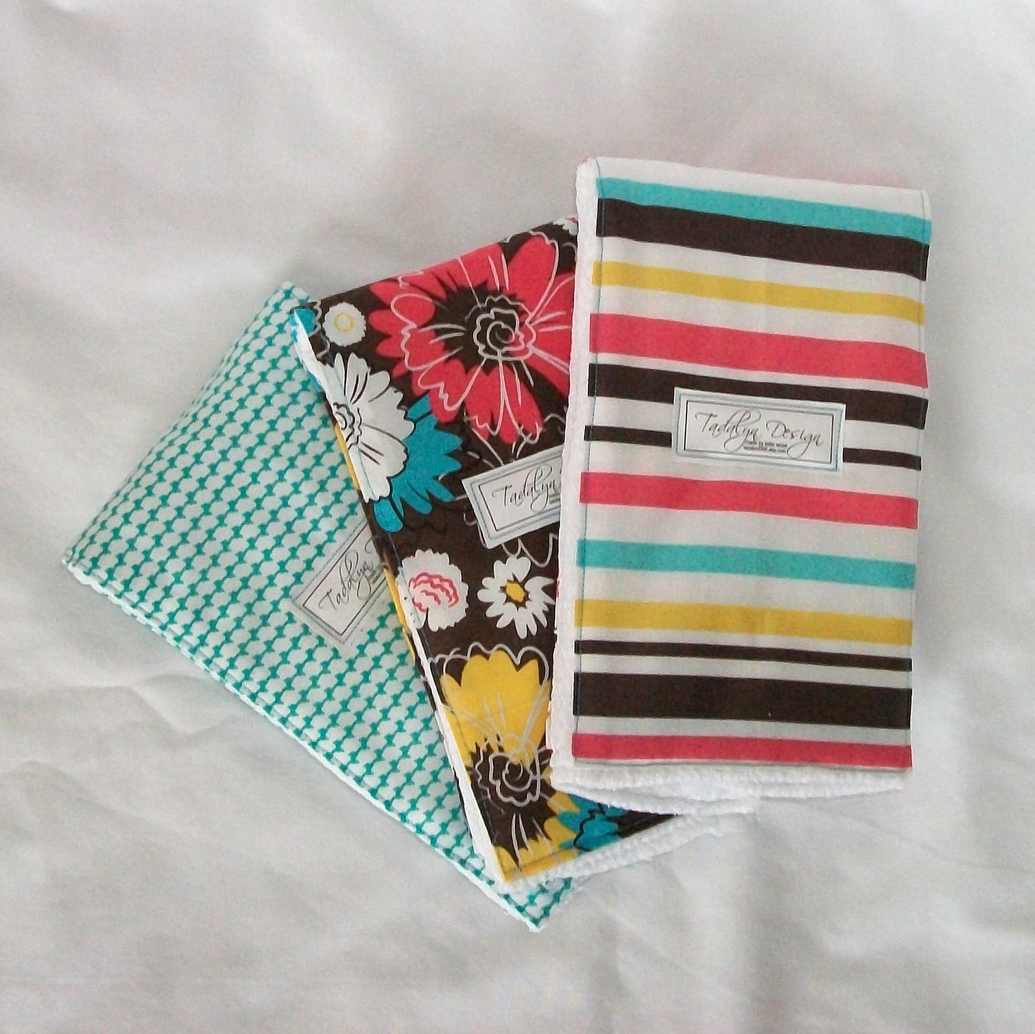 NEW 3-Pack burp clothes for baby girl...or boy. Pink, blue, teal, brown and yellow.