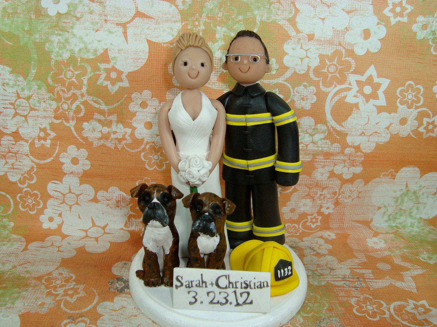 Personalized Bride and Groom Firefighter with Pets Wedding Cake Topper
