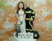 Custom Made Bride And Firefighter Groom With Pets Wedding Cake Topper