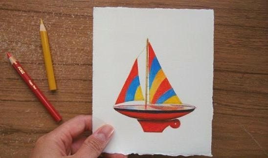 Toy Sailboat Drawing in Colored Pencil