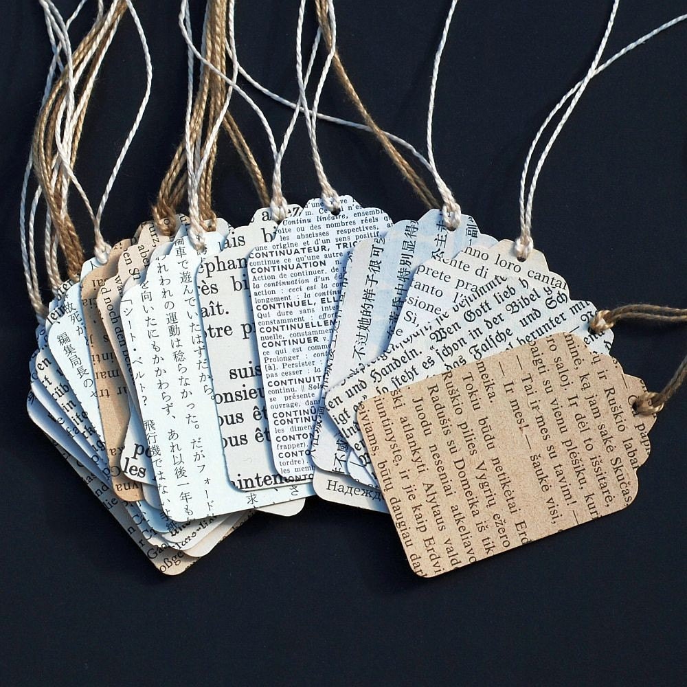 vintage gift tags- 12 recycled  foreign language tags