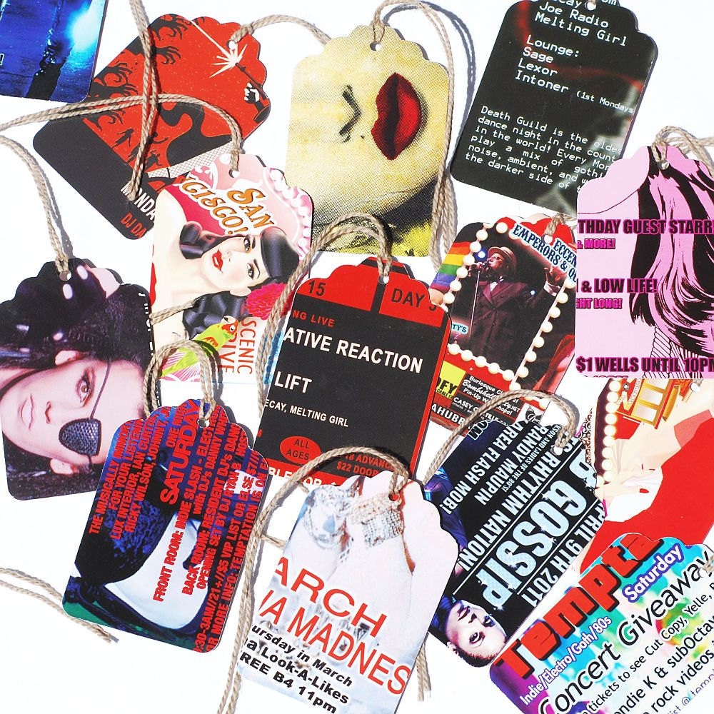recycled gift tags- 18 San Francisco nightclub flyer tags