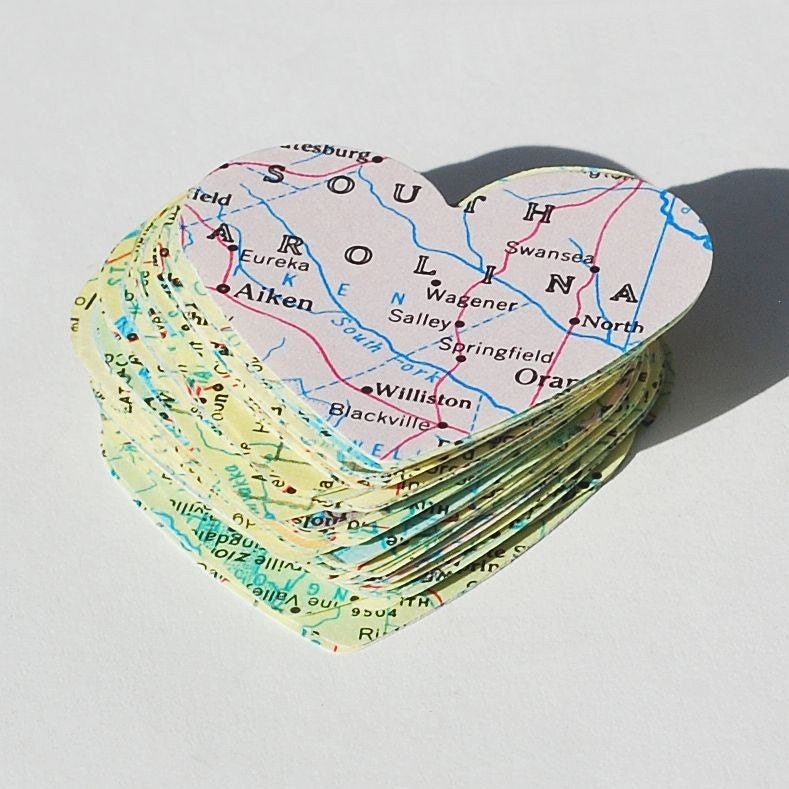 vintage craft supplies- 100 atlas United States map paper hearts