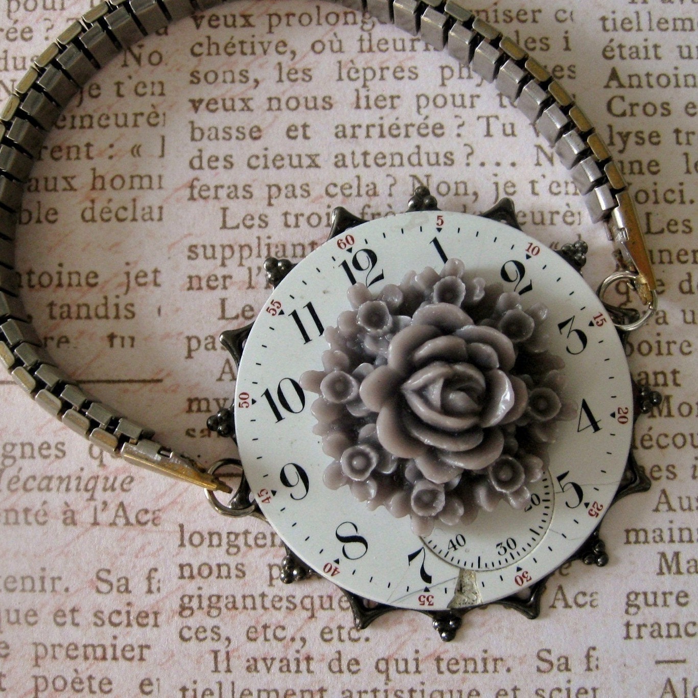 Antique Steampunk Bracelet Black White Watch Face Gothic Floral, Grey Roses, FREE SHIPPING by Maddie Lisee