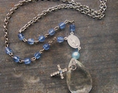 Rosary Crystal Necklace, blue beaded silver chain, A Moment of Clarity