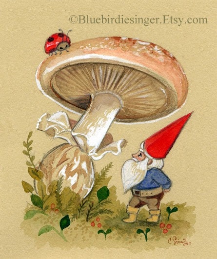 Gnome espies a ladybug upon the mushroom