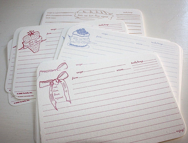 SALE: Set of 20 Recipe Cards Letterpress Printed with Ribbon, Bread, Cake & Strawberry Illustrations
