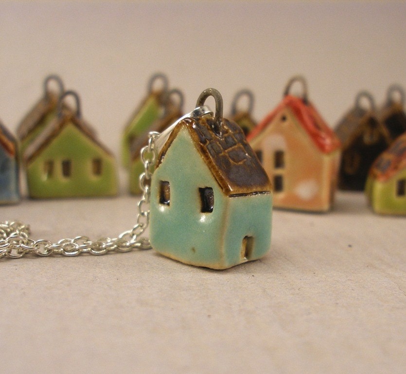 Turquoise GREEN - Tiny House Pendant in Stoneware