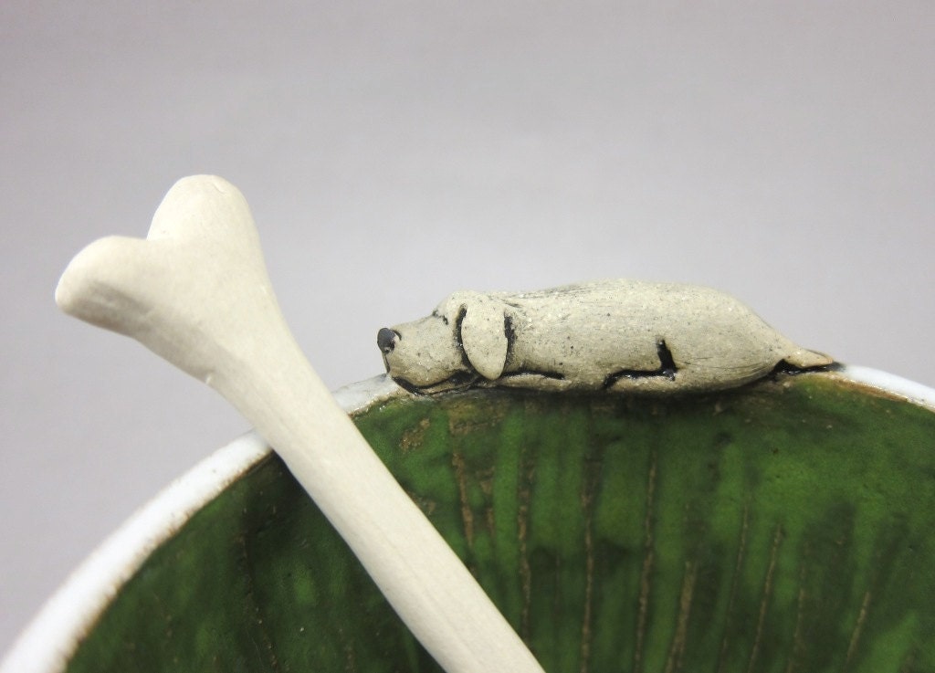 Dream Bone...Guarded Bowl with Spoon in Stoneware - Forest Green