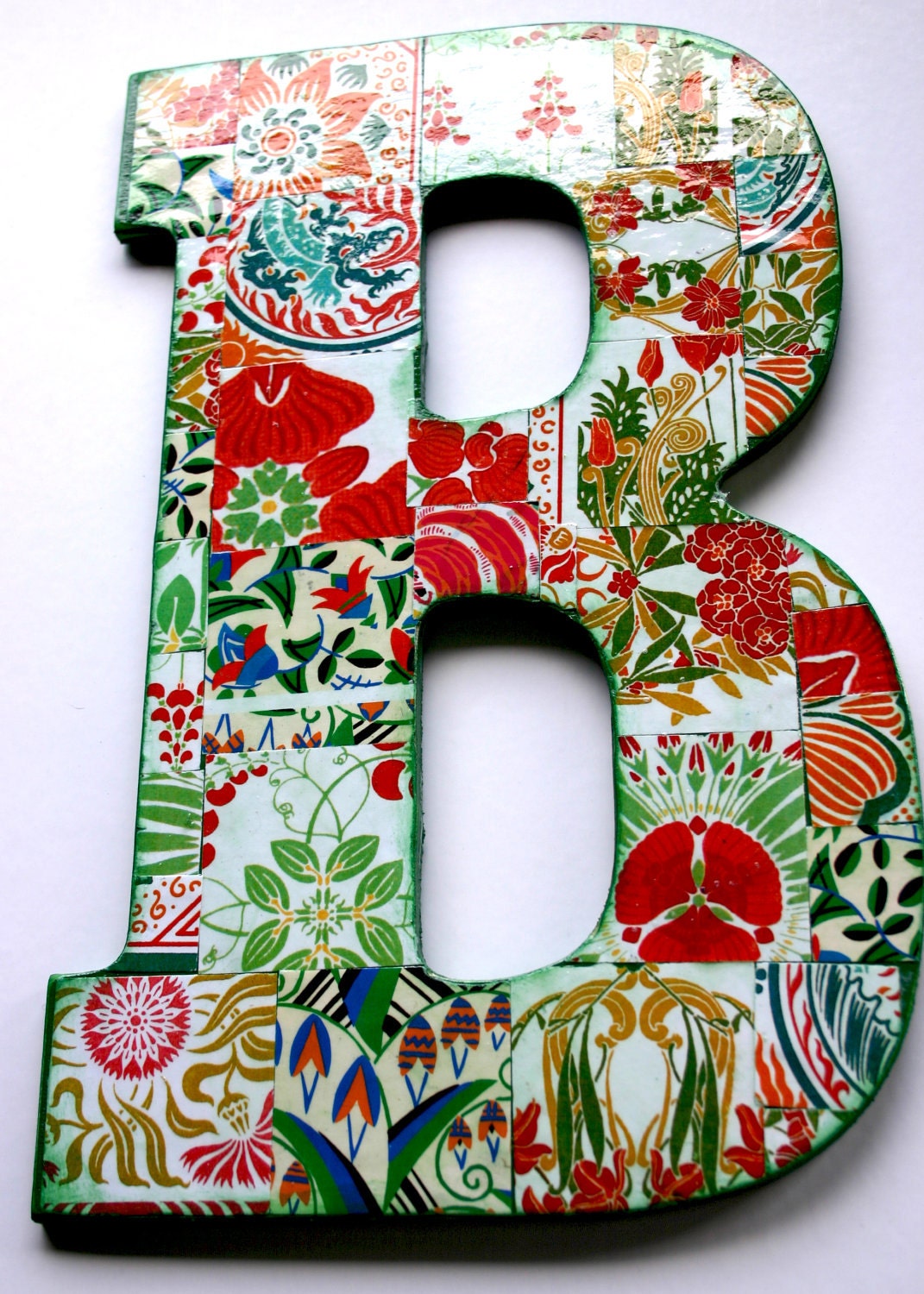 Large decoupage wood letter 'B', Collaged Letter 10.5" tall, Home Decor letter 'B', Collaged wall hanging letter, Wood Letter.