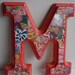 Hand decorated wood letter, Wood letter M, Pink Collaged letter M, Nursery letter M, Sparkly Coral M