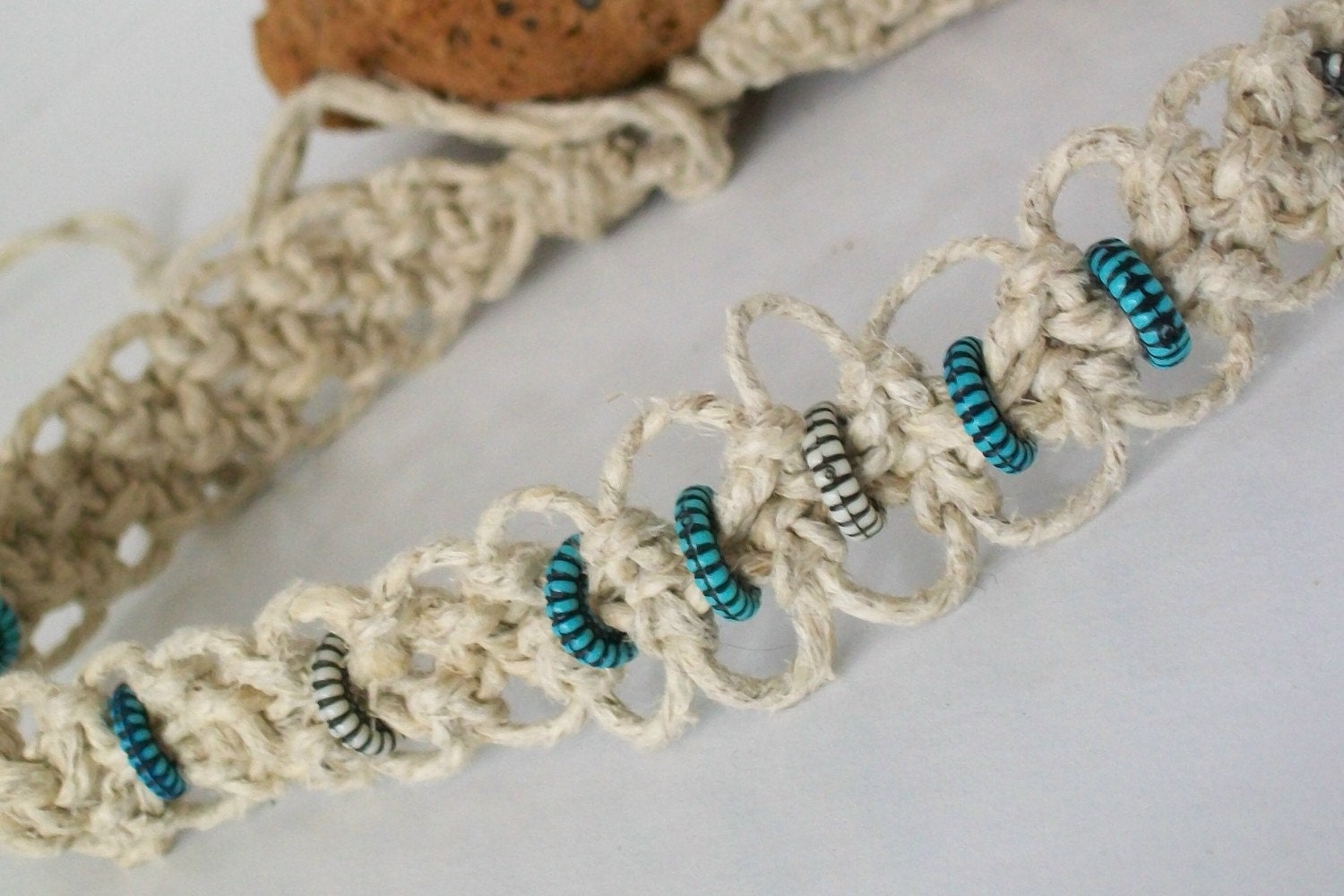 Lacy Hemp Choker with White and Turquoise Beads