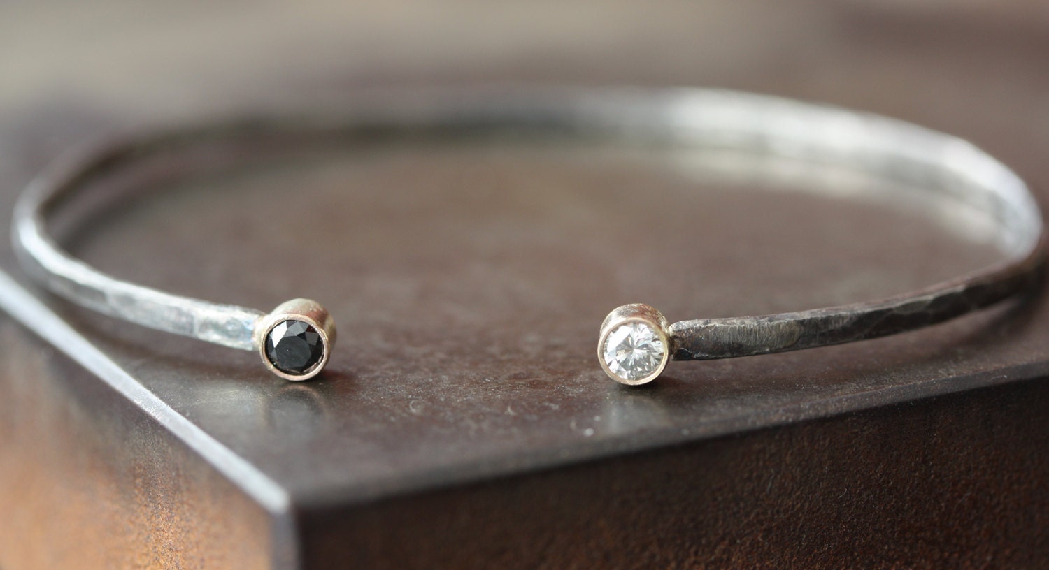 Black and White Diamond Cuff Bracelet in Sterling Silver and 14kt Gold-wedding jewelry, diamond bracelet, mixed metal, simple, modern