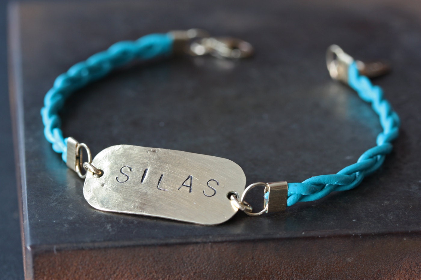 Leather & Metal Nameplate Friendship Bracelet- 14kt gold, initials, braided, blue, custom, name