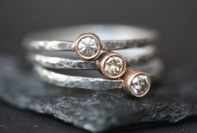 Champagne Diamond Stacking Rings- engagement ring- wedding ring- bridal jewelry- gold, silver- mixed metal- bezel- hammered- simple