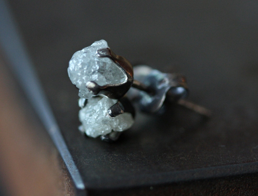Rough Diamond Stud Earrings- oxidized sterling silver, bridal jewelry, prong setting, natural diamond, diamond studs, raw diamond