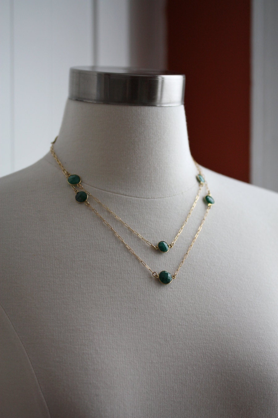Long Rose Cut Emerald Station Necklace in 14kt Gold- as seen in Destination Weddings
