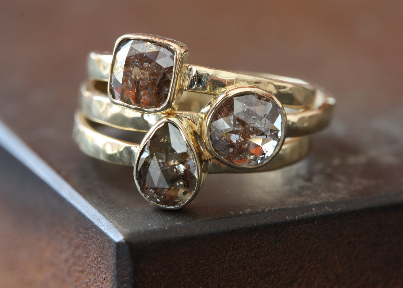 One of a Kind Chocolate Red Rose Cut Diamond Stacking Ring in 14kt Gold - engagement
