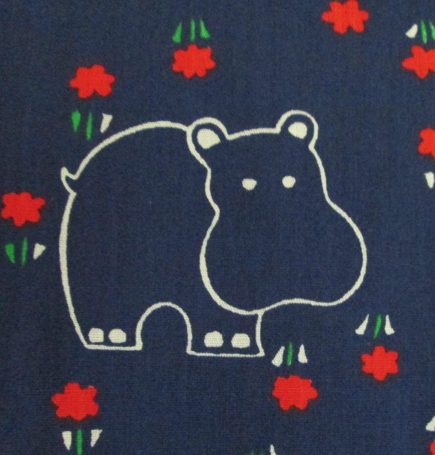 Vintage Fabric Hippopotamus on Navy Blue with Red Flowers