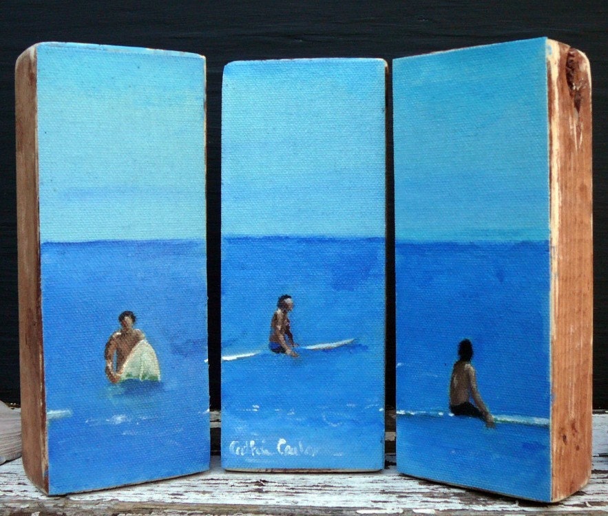 Surf art- original painting on wood blocks, surf decor, triptych sculpture, for surfers and beach decor by Cathie Carlson