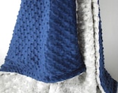 Baby Boy Minky Blanket in Royal and Silver Gray Minky Rose, Swirl Monogram Included, 29 x 36 inches