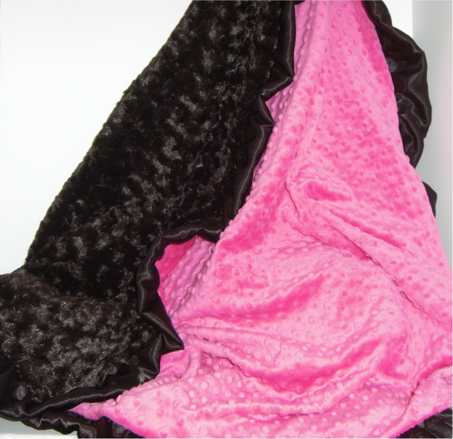 Hot Pink Minky Dot and Chocolate Swirl Baby Shower Blanket with Satin Ruffle, Baby, toddler and adult sizes, personalization option.