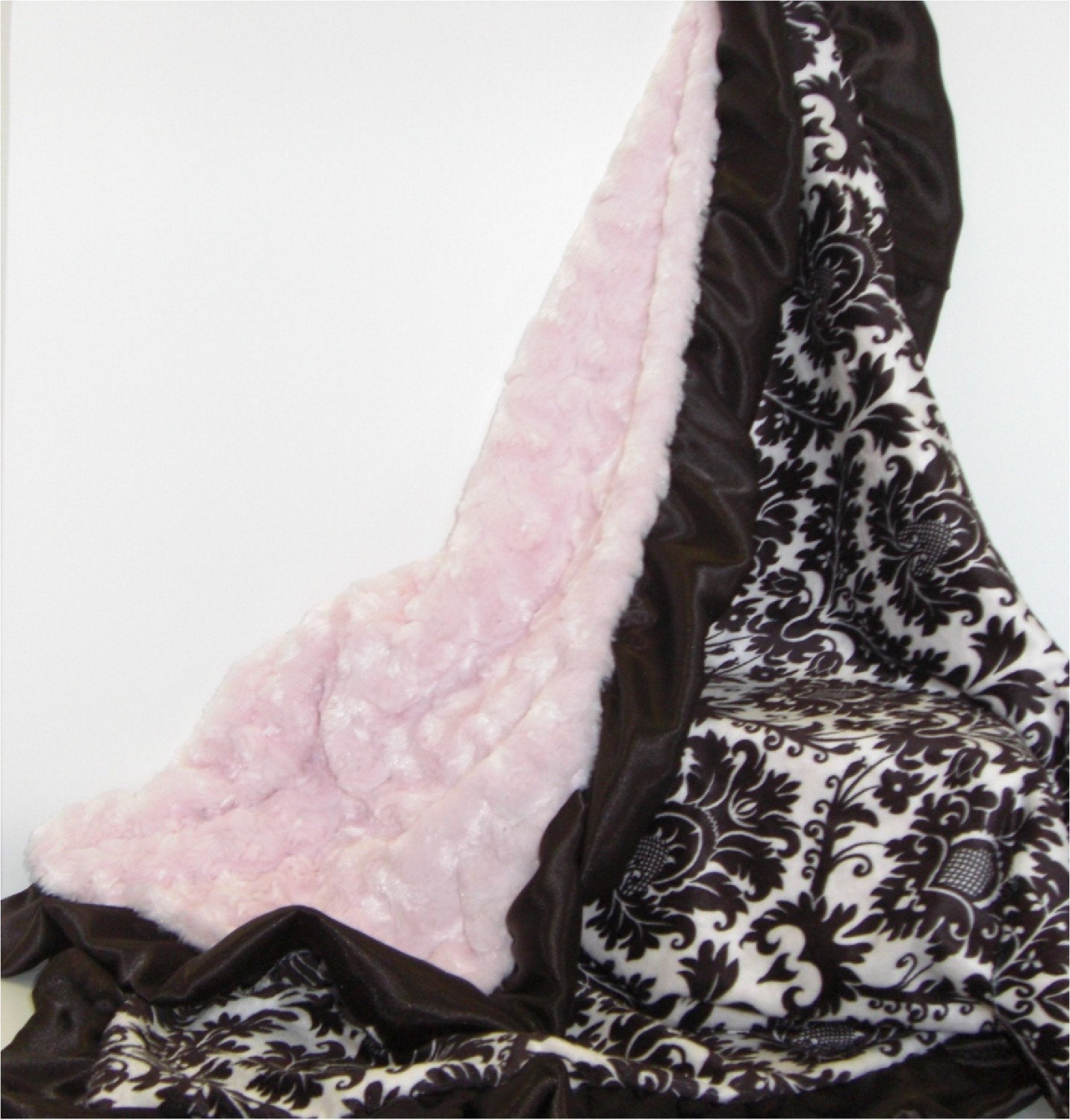 Black Damask Minky and Pink Plush Swirl Blanket in baby, toddler or adult sizes with personalization option.