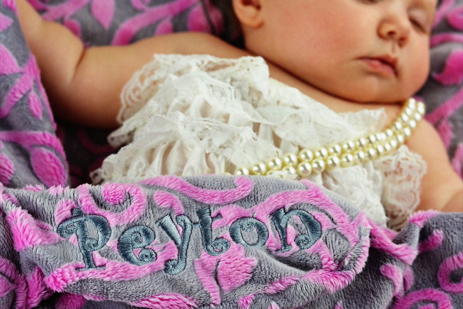 Personalized Satin Ruffle Minky Blanket in Gray and Hot Pink Vine Monogram Included Toddler Size 42 x 42
