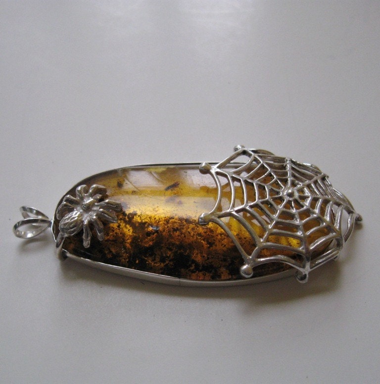 Amber Pendant Sterling Silver Spider and Fossilized Fly