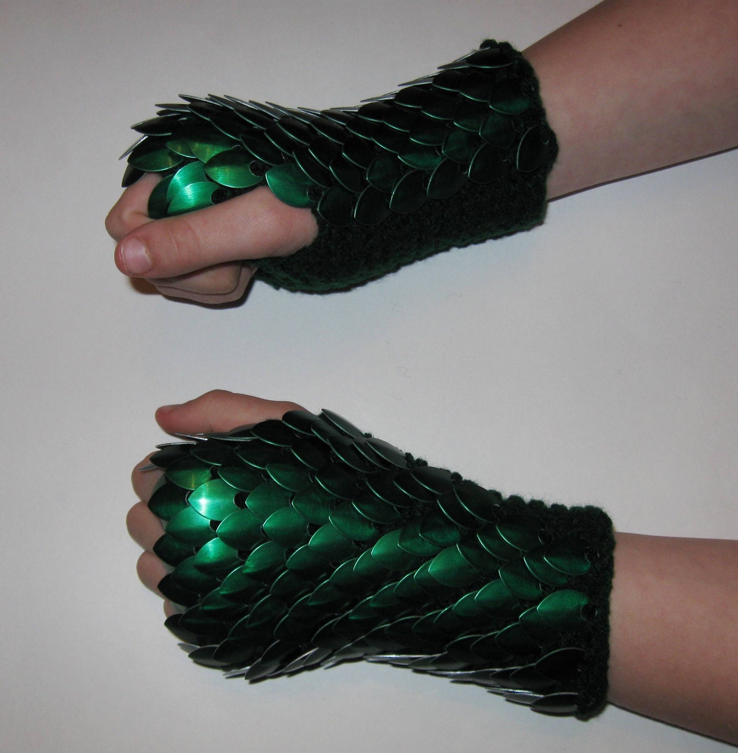 Scale Maille Armor Gauntlets Forest Green Knitted Dragonhide by Crystal's Idyll size small