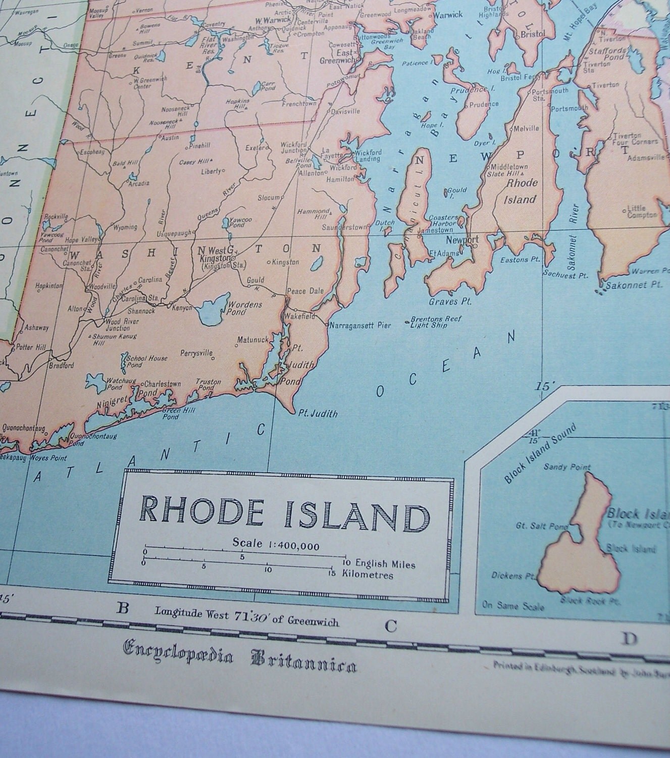 1929 Map of Rhode Island - antique USA state color map