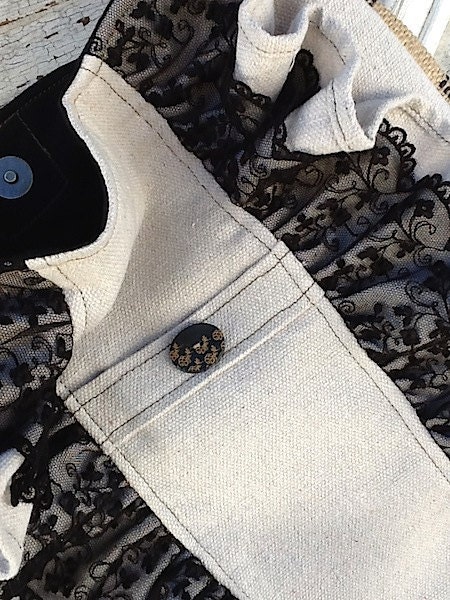 Canvas Shoulder Bag , Original French Noir Lace, Shabby Ruffled Market Bag