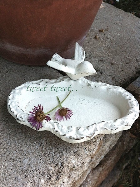 Petite Garden Bird Bath Rustic And Distressed, Shabby Chic White