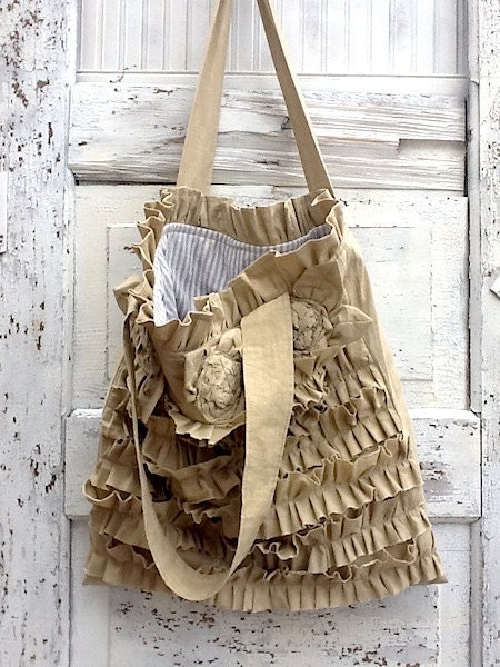 Rustic Chic, Ruffled Bag, Shoulder Bag, Bella Bag in Aged Cotton, Tattered and Raw Edged, Maid of Honor Gift