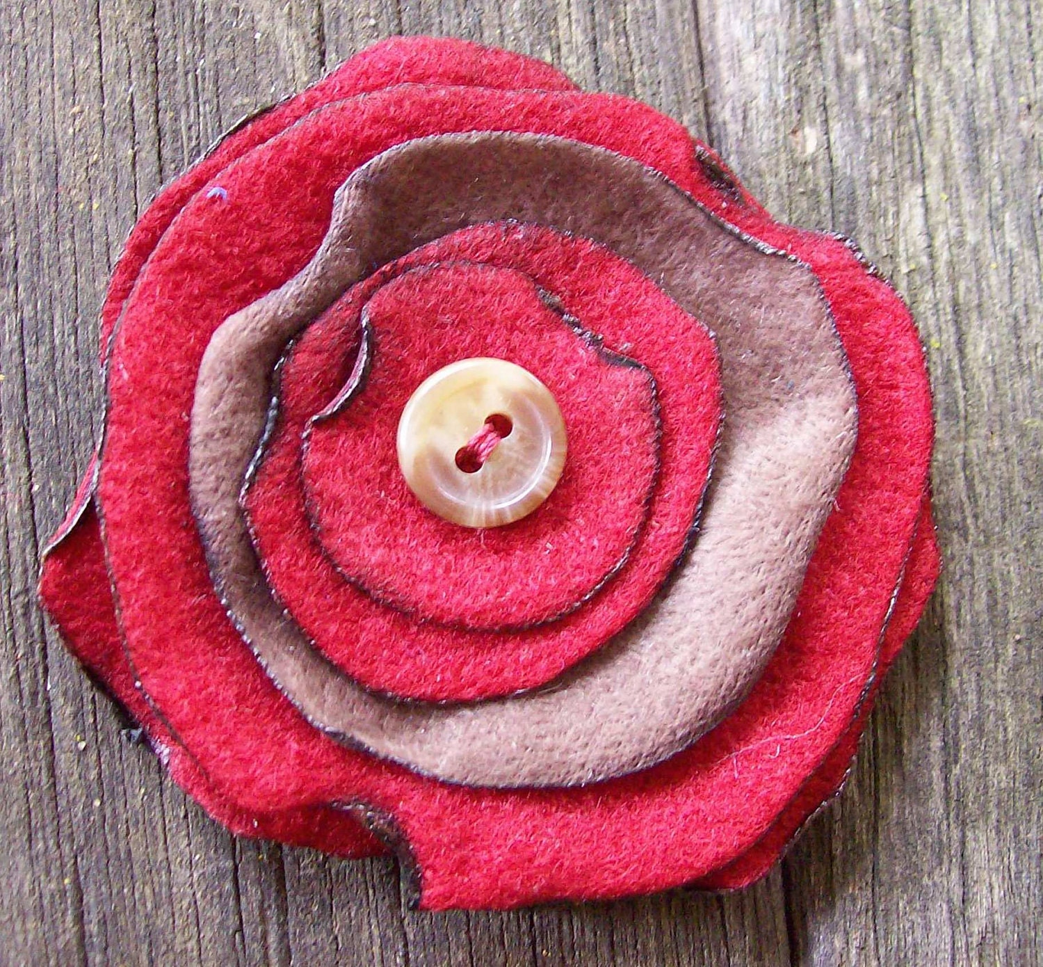 Singed  Red and Tan Fleece Flower - Free Shipping