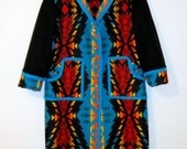 Handcrafted Wool Reversible Blanket Coat - Bright Turquoise & Red Large Unisex
