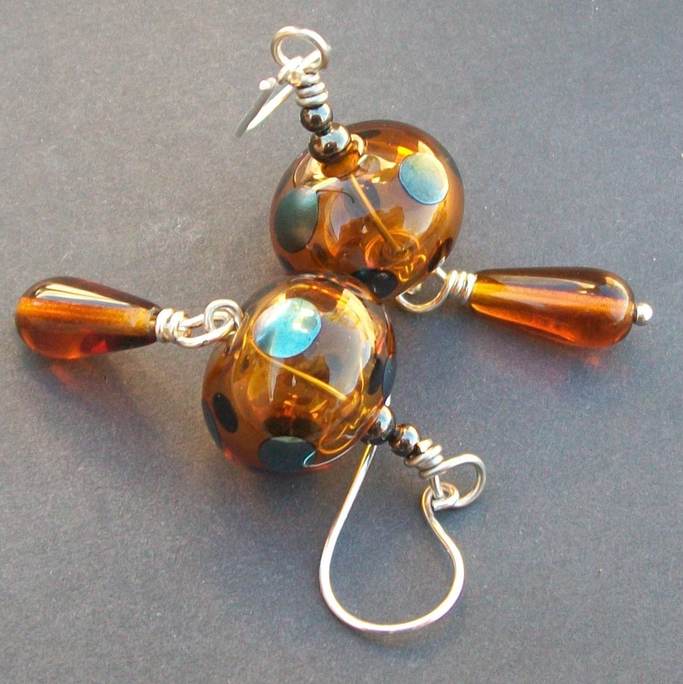 lampwork earrings hollow topaz/amber beads with metallic spots-  paz