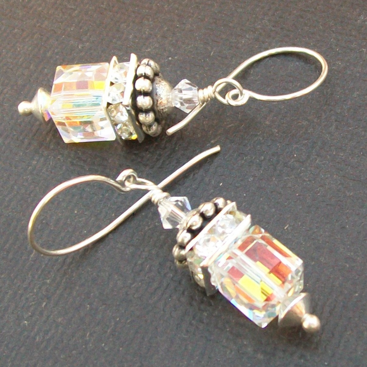 earrings clear glass crystal cubes with rhinestone accents- bliss