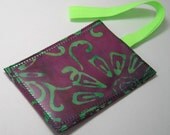 Purple and green batik luggage tag with fluoro lime green strap