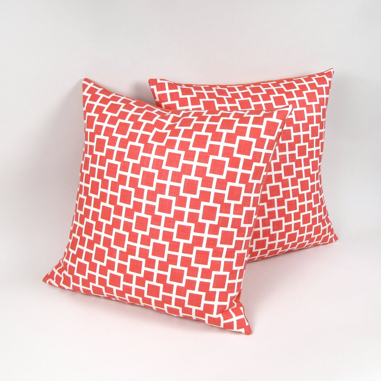 Coral Lattice Print Pillow Covers in Linen 20 inch SET of TWO