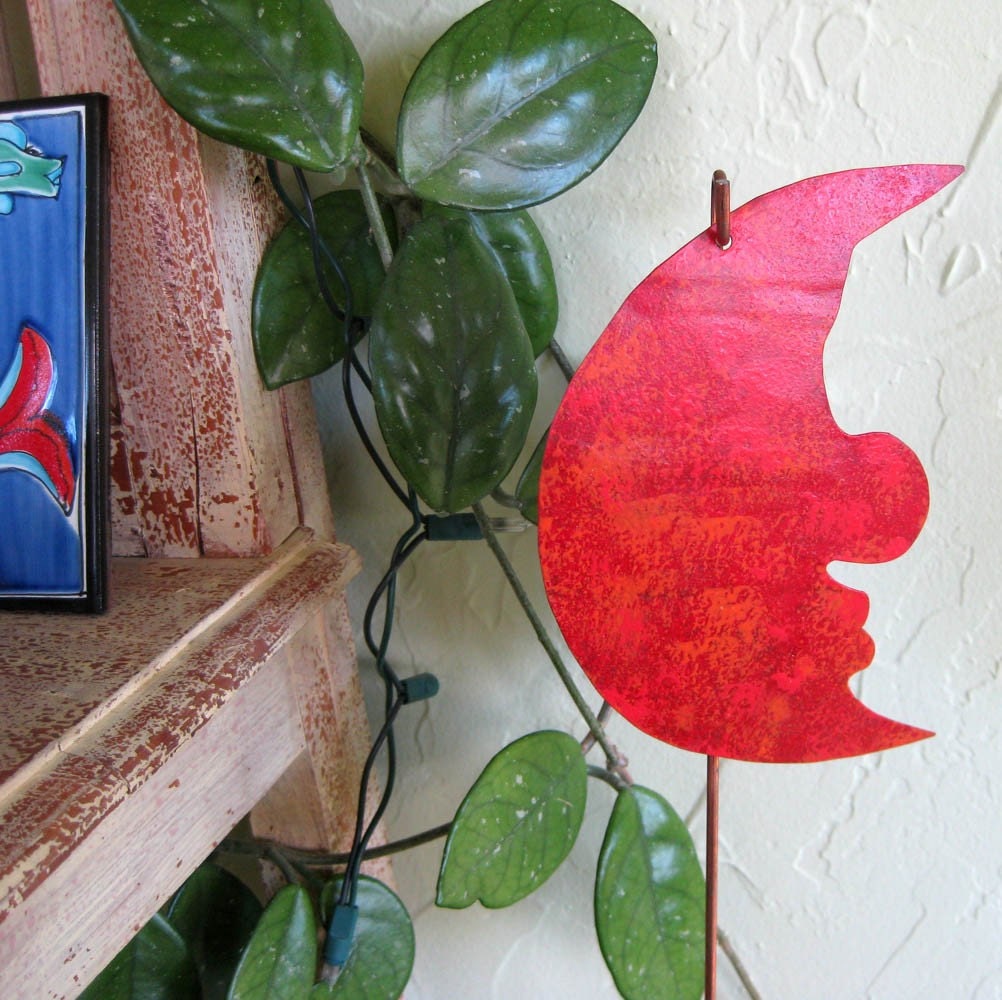 Garden Art - Metal Moon Stake- Repurposed Metal Sculpture Hand Painted Red