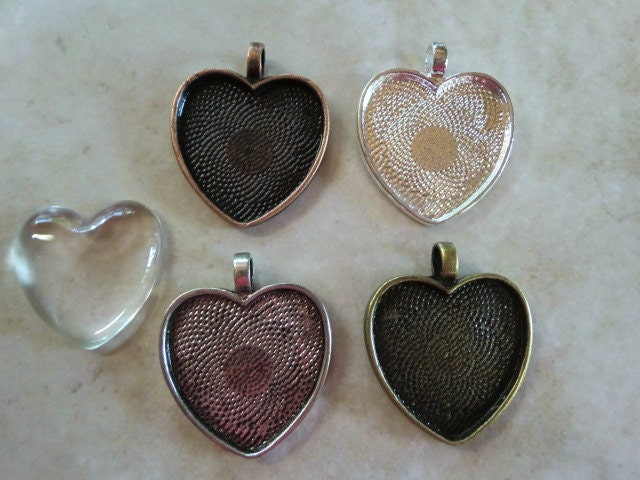 20 Heart Pendant Trays 25 mm with 20 Glass Heart Cabs Pick from Shiny Silver, Antique Silver, Antique Bronze, and Antique Copper