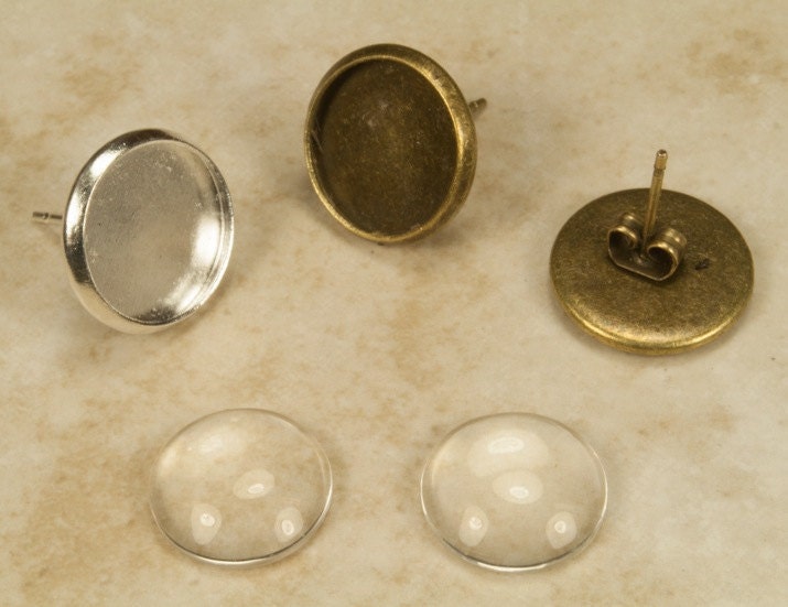 10 Earring Stud Trays 12mm (5 Pairs)(mix and match) with 10 Glass Cabs...Pick your colors